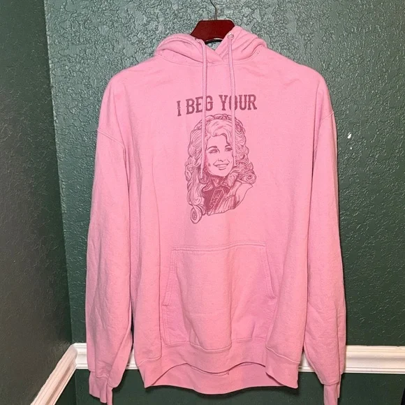 Dolly Parton Pink Graphic "I BEG YOUR PARTON" Pullover Hoodie Large - Picture 3 of 6